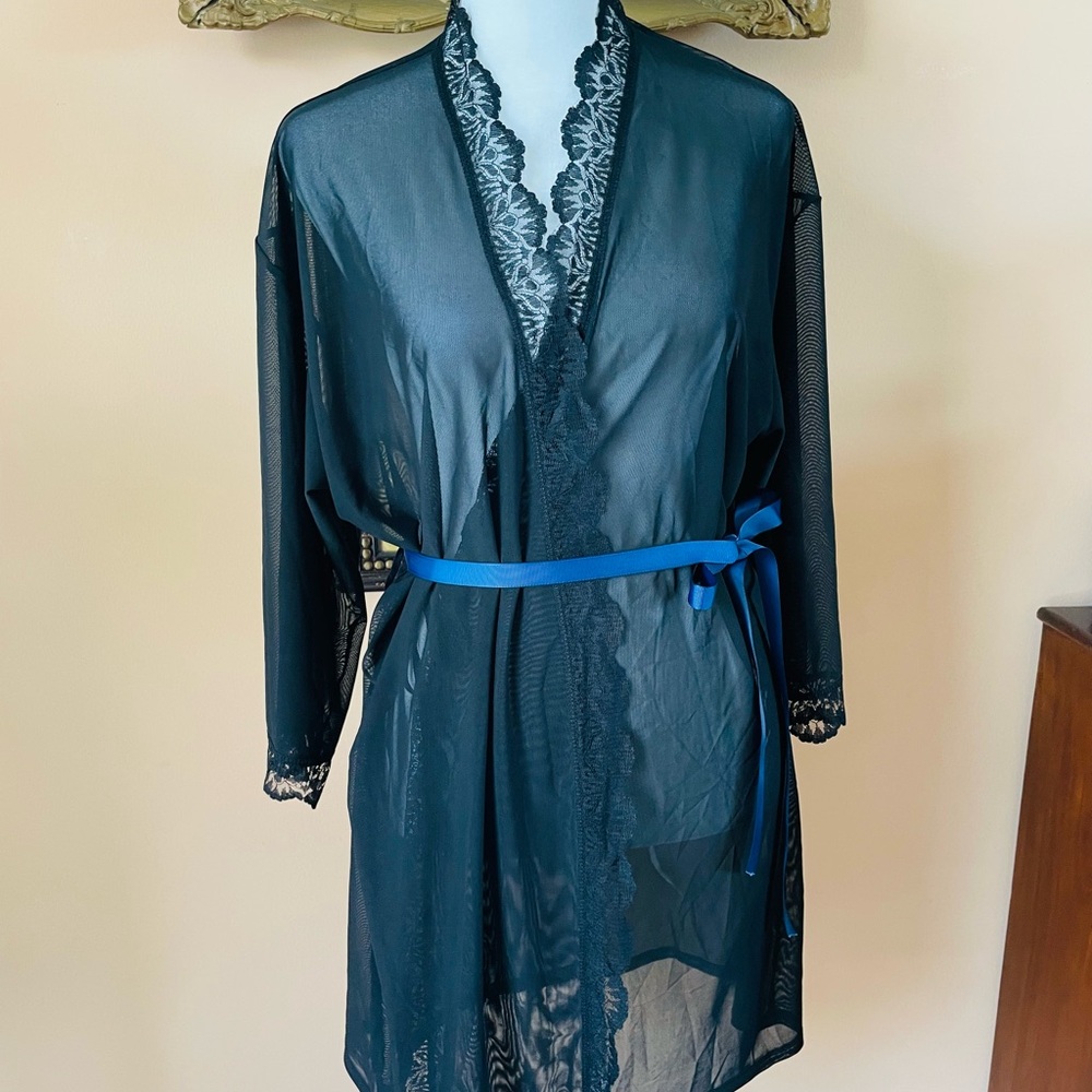 Dreamgirl Sheer Black Nylon Lace Detail Ribbon Belt  Wrap Lingerie Robe M